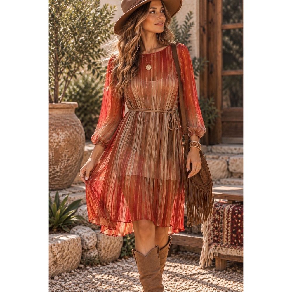 Hal Ferman Sheer Pleated Maxi Dress – Red & Brown VTG 70's